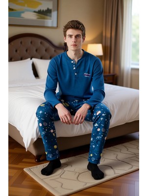 Ersefa Erkek Polar Pijama Takımı Uzun Kollu Bisiklet Yaka Uzay Baskılı Fonksiyonel Dayanıklı Spor