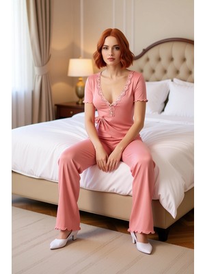 Ersefa Kadın Fitilli Örme V Yaka Pijama Takımı Fonksiyonel Dayanıklı Kaliteli Konforlu Estetik Şık