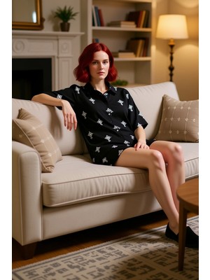 PayBuy Etnik Desenli Gömlek ve Şort Pijama Takımı Kadın Fonksiyonel Dayanıklı Kaliteli Konforlu Şık