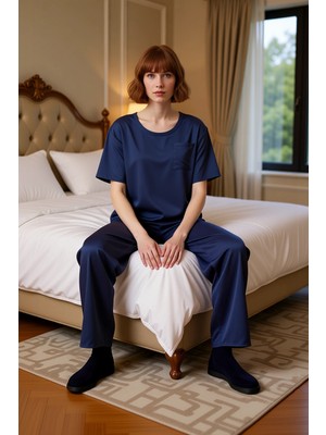 Ersefa Kadın Saten Pijama Takımı Bisiklet Yaka Uzun Kol Fonksiyonel Dayanıklı Kaliteli Konforlu Şık