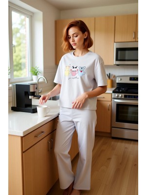 FRM Kadın Açık Pamuklu Baskılı Pijama Takımı Lounge Giyim Fonksiyonel Dayanıklı Kaliteli Rahat
