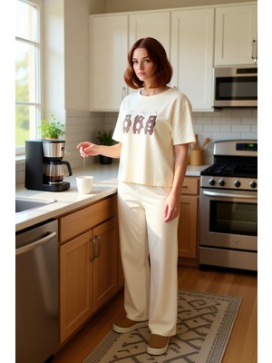 FRM Kadın Açık Pamuklu Baskılı Pijama Takımı Lounge Giyim Fonksiyonel Dayanıklı Kaliteli Rahat