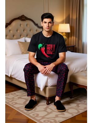 Ersefa Erkek Biber Baskılı Pijama Takımı Bisiklet Yaka Regular Fit Fonksiyonel Dayanıklı Kaliteli