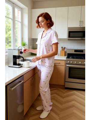 FRM Kadın Mint Çiçekli Fırfırlı Pijama Gömlek ve Pantolon Fonksiyonel Dayanıklı Kaliteli Rahat