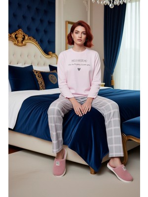 Ersefa Kadın Pudra Kalp Baskılı Ekose Pantolonlu Pijama Takımı Fonksiyonel Dayanıklı Kaliteli Şık