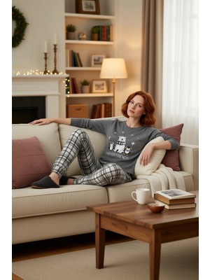 PayBuy Kadın Ayıcıklı Penguen Baskılı Ekose Pijama Takımı Fonksiyonel Dayanıklı Kaliteli Konforlu