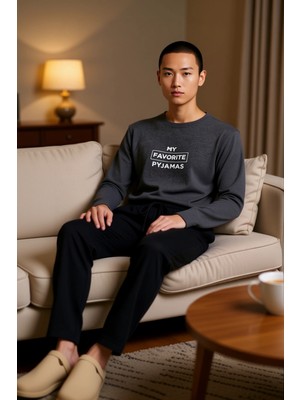 PayBuy Erkek Antrasit Bisiklet Yaka Slogan Baskılı Pijama Takımı Fonksiyonel Dayanıklı Kaliteli Şık