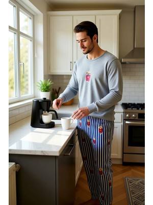 FRM Erkek Ayıcıklı Çizgili Pijama Takımı Bisiklet Yaka Fonksiyonel Dayanıklı Kaliteli Konforlu