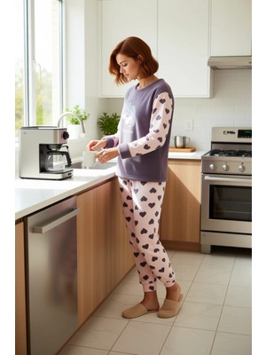 FRM Kadın Polar Pijama Takımı Kalp Desenli ve Uyku Bandi Fonksiyonel Dayanıklı Kaliteli Modern