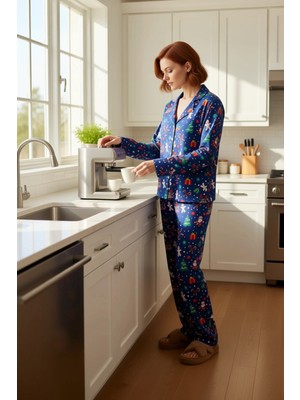 FRM Kadın Yılbaşı Desenli Pamuklu Pijama Takımı Fonksiyonel Dayanıklı Kaliteli Konforlu Modern