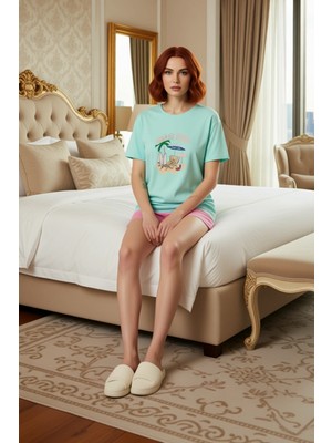 Ersefa Kadın Baskılı Pijama Takımı Bisiklet Yaka Şortlu Fonksiyonel Dayanıklı Kaliteli Konforlu Şık