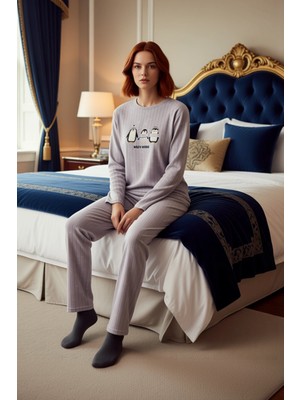 Ersefa Kadın Sevimli Penguen Desenli Polar Pijama Fonksiyonel Dayanıklı Kaliteli Konforlu Estetik