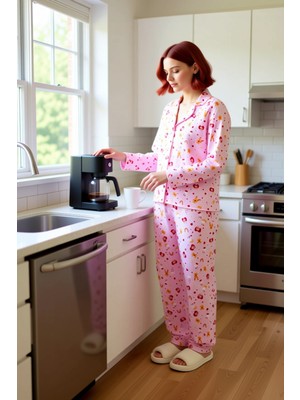 FRM Kadin Ayiciikli Kalpli Pijama Takımı Gömlek Yaka Lounge Fonksiyonel Dayanıklı Kaliteli Şık