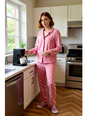 FRM Kadın Polar Pijama Takımı Puantiye Desenli Gömlek Pantolon Fonksiyonel Dayanıklı Kaliteli Şık