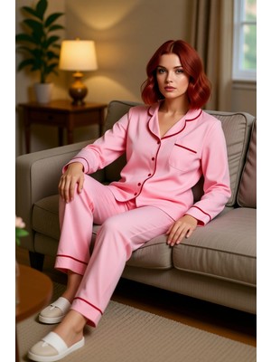 PayBuy Kadın Gömlek Yaka Biye Detaylı Pijama Takımı Fonksiyonel Dayanıklı Kaliteli Konforlu Rahat