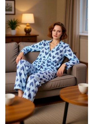 PayBuy Kadın Açık Kalp Desenli Gömlek Yaka Pijama Takımı Fonksiyonel Dayanıklı Kaliteli Konforlu Şık