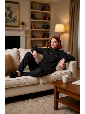 PayBuy Kadın Kiraz Desenli Waffle Fermuarlı Pijama Takımı Fonksiyonel Dayanıklı Kaliteli Konforlu