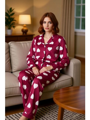 PayBuy Kadın Kalp Desenli Mürdüm Gömlek ve Pantolon Pijama Takımı Fonksiyonel Dayanıklı Kaliteli Şık
