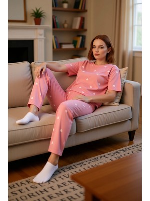PayBuy Kadin Kalp Desenli Bisiklet Yaka Pijama Takımı Fonksiyonel Dayanıklı Kaliteli Konforlu Şık