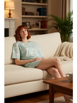 PayBuy Kadın Kedi Kalp Baskılı Pamuklu Pijama Takımı Fonksiyonel Dayanıklı Kaliteli Konforlu Spor