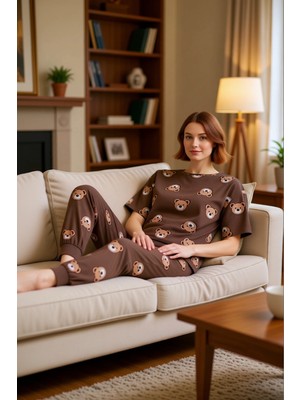 PayBuy Ayıcık Desenli Bisiklet Yaka Pijama Takımı Kadın Fonksiyonel Dayanıklı Kaliteli Konforlu Şık