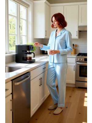 FRM Kadın Kışlık Çizgili Pijama Takımı Gömlek Yaka Fonksiyonel Dayanıklı Kaliteli Konforlu Şık