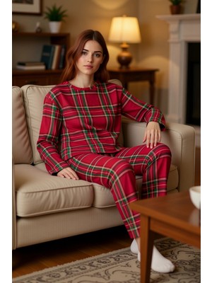 PayBuy Kadın Ekose Desenli Bisiklet Yaka Pijama Takımı Fonksiyonel Dayanıklı Kaliteli Konforlu Şık