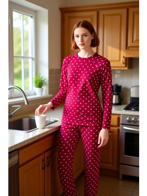 FRM Kadın Uzun Kollu Kalpli Puantiye Desenli Pijama Takımı Fonksiyonel Dayanıklı Kaliteli Spor