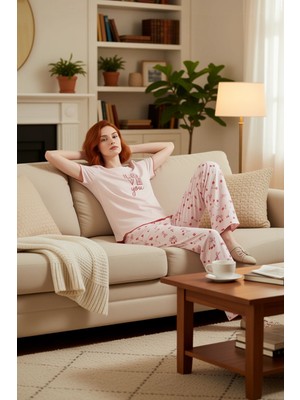 PayBuy Kadın Pudra Kiraz Fiyonk Desenli Pijama Takımı Fonksiyonel Dayanıklı Kaliteli Konforlu Şık