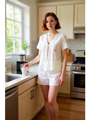FRM Kadın Müslin Dokuma Pijama Takımı Çiçek Nakışlı Gömlek Şort Fonksiyonel Dayanıklı Kaliteli