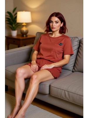 PayBuy Kadın Açık Kedi Baskılı Bisiklet Yaka Kısa Kollu Pijama Takımı Fonksiyonel Dayanıklı Rahat