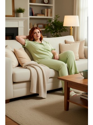 PayBuy Kadın Fırfırlı Kol Gömlek Yaka Örme Pijama Takımı Fonksiyonel Dayanıklı Kaliteli Konforlu Şık