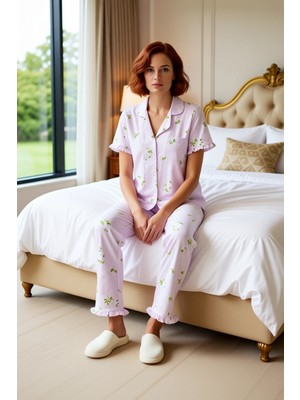 Ersefa Kadın Mint Çiçekli Fırfırlı Ev Giyim Takımı Fonksiyonel Dayanıklı Kaliteli Konforlu Modern