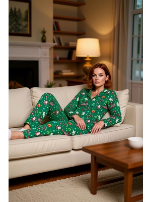 PayBuy Kadın Yılbaşı Temalı Gömlek ve Pantolon Pijama Takımı Fonksiyonel Dayanıklı Kaliteli Rahat