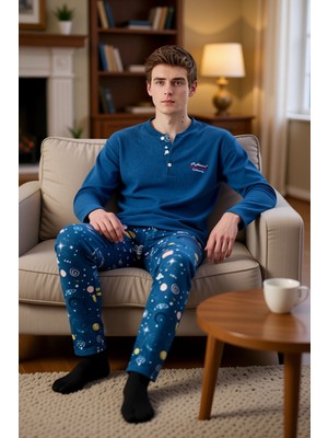 PayBuy Erkek Polar Uzun Kollu Bisiklet Yaka Pijama Takımı Uzay Desenli Fonksiyonel Dayanıklı Spor