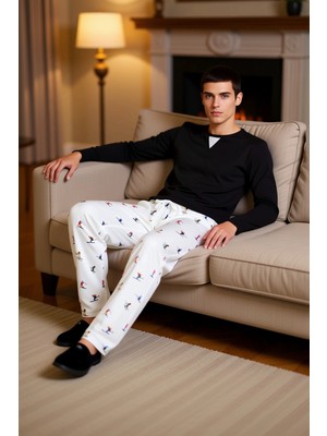 PayBuy Erkek Bisiklet Yaka Waffle Pijama Takımı Kayak Desenli Pantolon Fonksiyonel Dayanıklı Spor