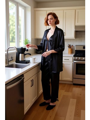 FRM Kadın Saten Pijama Gecelik Sabahlık ve Pantolon Seti Fonksiyonel Dayanıklı Kaliteli Modern