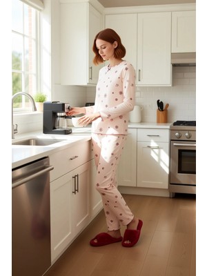 FRM Kadın Kışlık Waffle Pijama Takımı Kar Tanesi Desenli Fonksiyonel Dayanıklı Kaliteli Modern