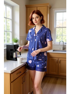 FRM Kadın Ev Giyim Kalp Desenli Pijama Takımı Fonksiyonel Dayanıklı Kaliteli Konforlu Estetik Şık