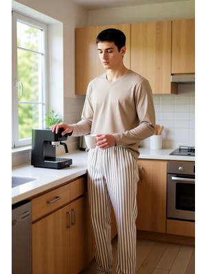 FRM Erkek Vizon Çizgili Örme Pijama Takımı Ev Giyim Fonksiyonel Dayanıklı Kaliteli Konforlu Şık