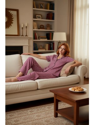 PayBuy Kadın Çizgili Poplin Pijama Takımı Gömlek Pantolon Fonksiyonel Dayanıklı Kaliteli Konforlu