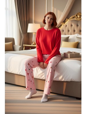 Ersefa Kadın Yılbaşı Desenli Pamuklu Pijama Takımı Fonksiyonel Dayanıklı Kaliteli Konforlu Modern