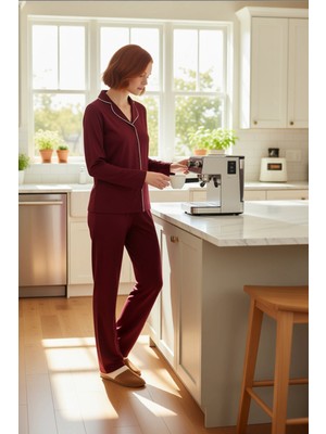 FRM Kadın Biye Detaylı Pijama Gömlek Pantolon Takımı Fonksiyonel Dayanıklı Kaliteli Konforlu Şık