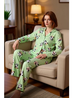 PayBuy Kadin Ayicik Desenli Ekose Pijama Takımı Gömlek Yaka Uzun Kollu Fonksiyonel Dayanıklı Spor