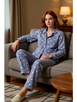 PayBuy Kadın Puantiyeli Polar Pijama Takımı Gömlek Pantolon Fonksiyonel Dayanıklı Kaliteli Modern