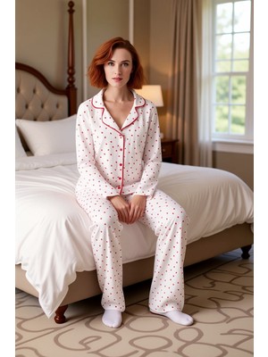 Ersefa Kadın Müslin Pijama Takımı Kalp Desenli Gömlek Yaka Uzun Kollu Fonksiyonel Dayanıklı Rahat