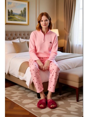 Ersefa Kadın Kiraz Desenli Fermuarlı Waffle Pijama Takımı Fonksiyonel Dayanıklı Kaliteli Konforlu