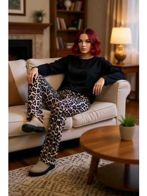 PayBuy Kadın Leopar Desenli Bisiklet Yaka Uzun Kollu Pijama Takımı Fonksiyonel Dayanıklı Kaliteli