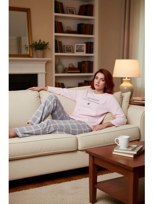 PayBuy Kadın Pudra Ekose Detaylı Bisiklet Yaka Polar Pijama Takımı Fonksiyonel Dayanıklı Kaliteli