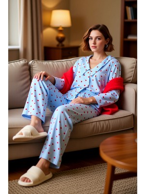 PayBuy Kadın Kalp Desenli Gömlek Yaka Pijama Takımı Fonksiyonel Dayanıklı Kaliteli Konforlu Rahat